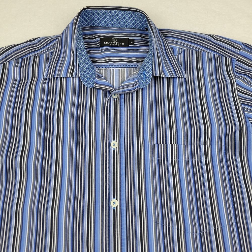 Bugatchi Uomo Button Up Shirt Blue Stripes Mens Large L 100% Cotton Long‎ Sleeve